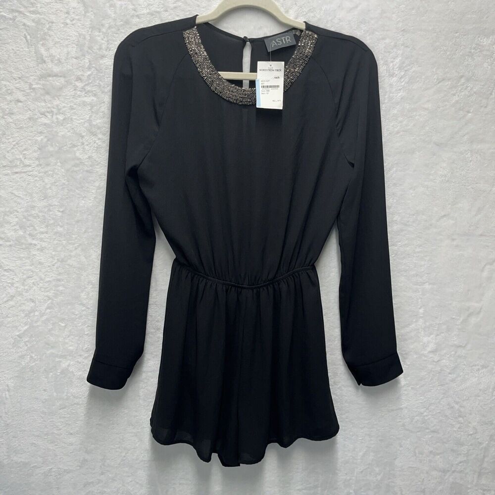 ASTR the Label Dress Short Romper Long Sleeve Womens XS Black Mini Bead Neck NEW